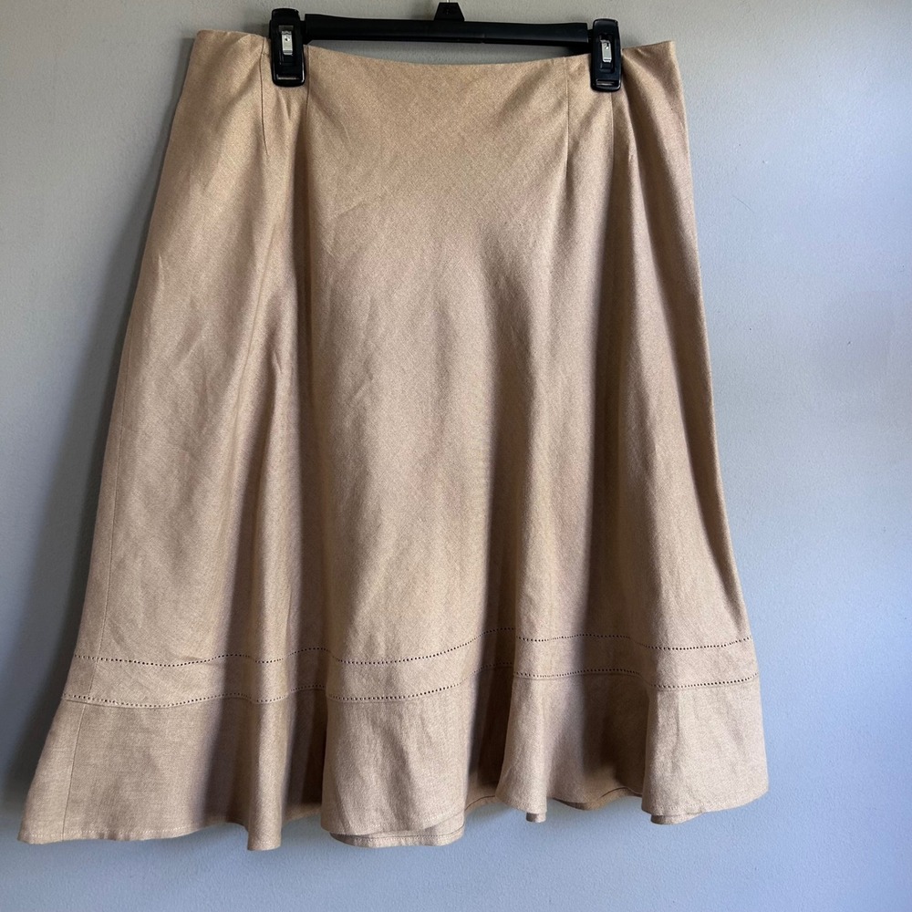 Talbots Woman Petites Tan 100% Irish Linen A-Line Midi Skirt Size 16W Khaki